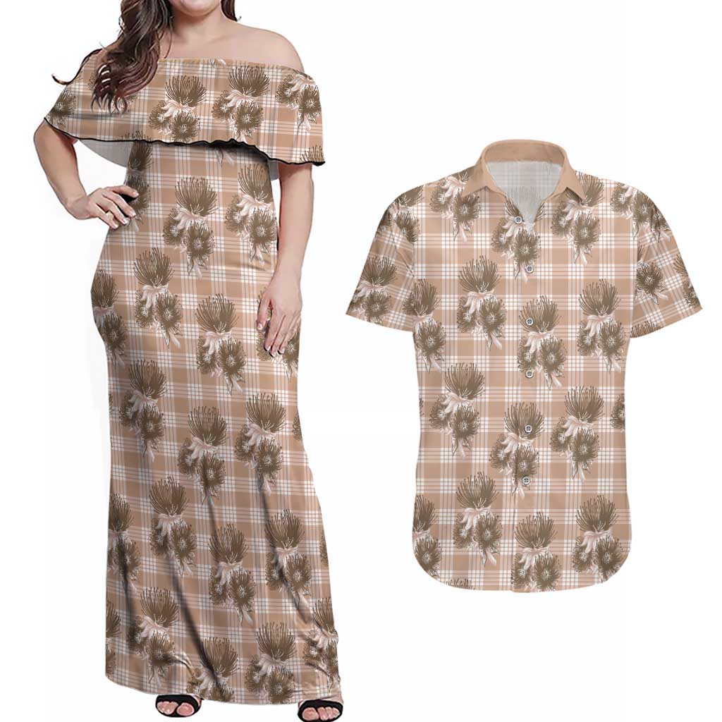 Brown Palaka Hawaii Couples Matching Off Shoulder Maxi Dress and Hawaiian Shirt Hawaiian Lehua Blossoms LT05 Brown - Polynesian Pride