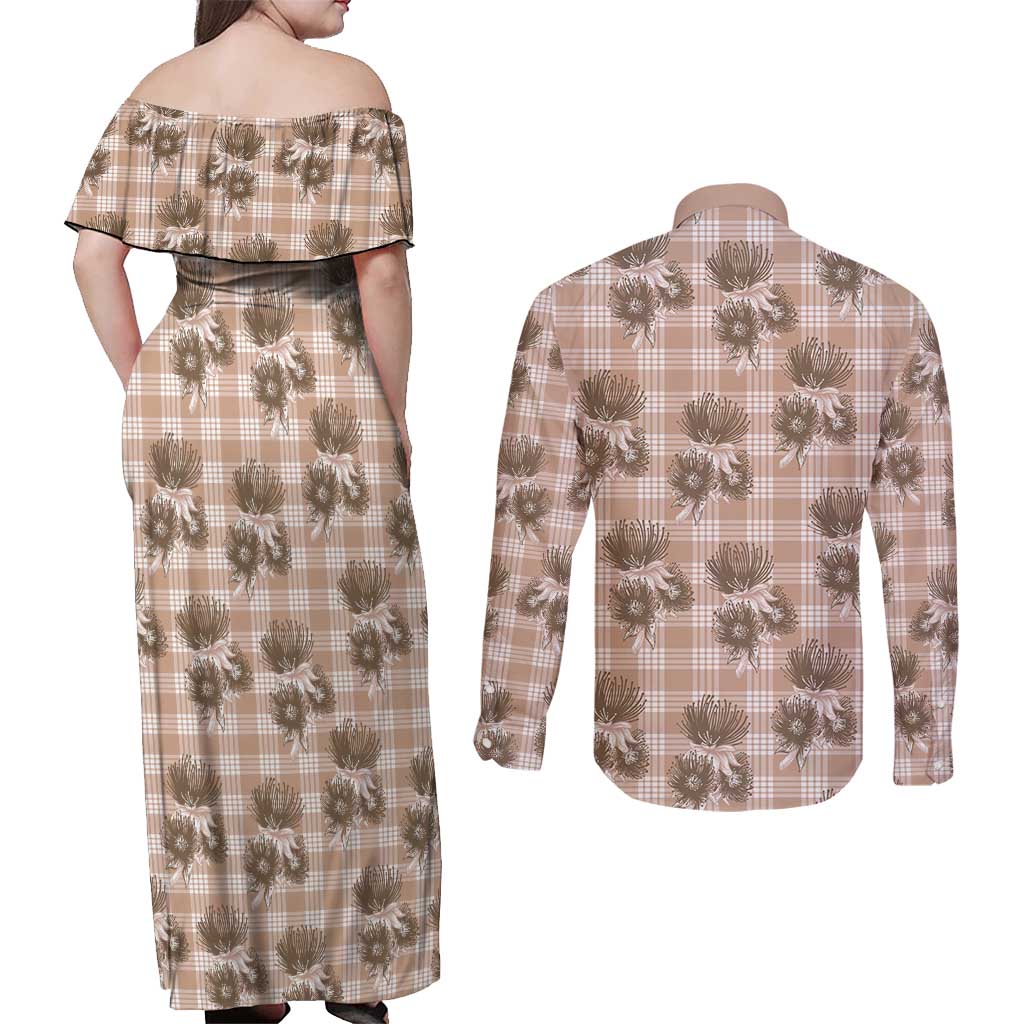 Brown Palaka Hawaii Couples Matching Off Shoulder Maxi Dress and Long Sleeve Button Shirt Hawaiian Lehua Blossoms LT05 - Polynesian Pride