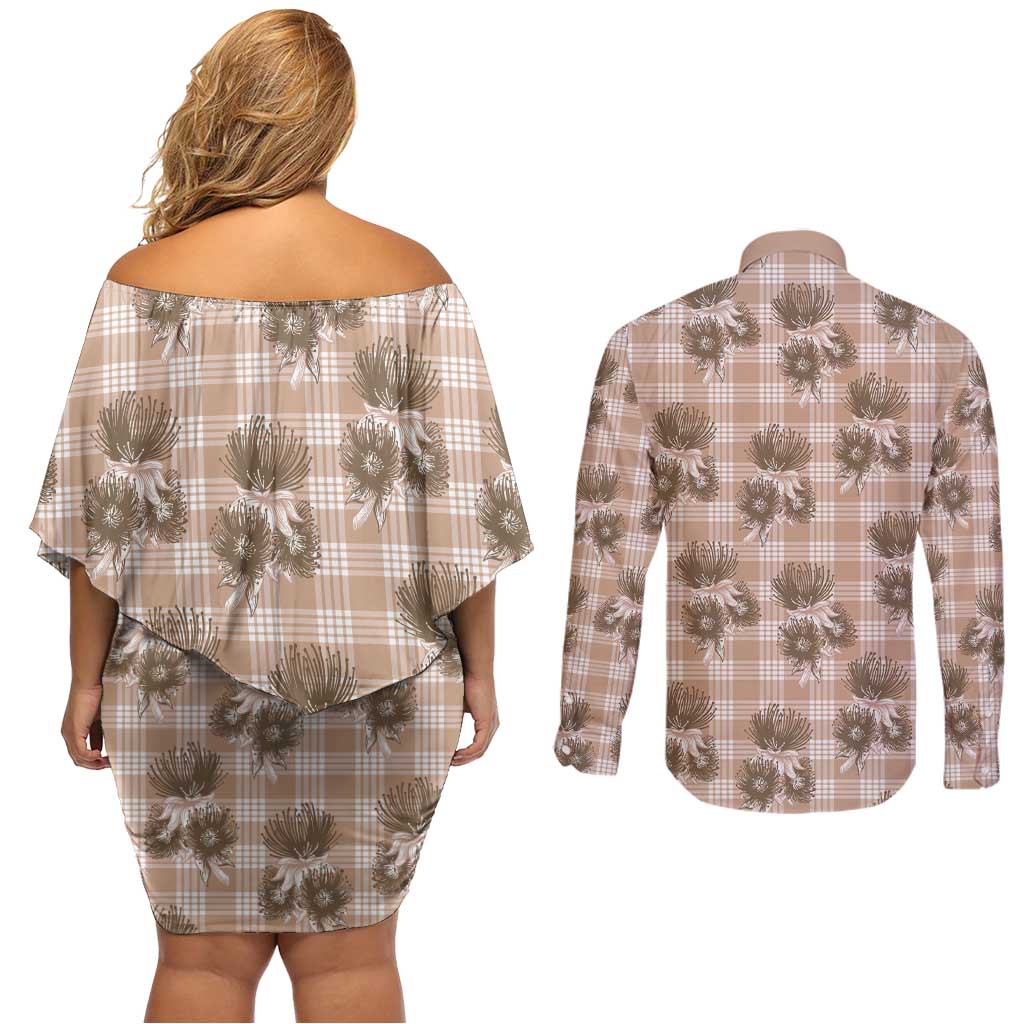 Brown Palaka Hawaii Couples Matching Off Shoulder Short Dress and Long Sleeve Button Shirt Hawaiian Lehua Blossoms LT05 - Polynesian Pride