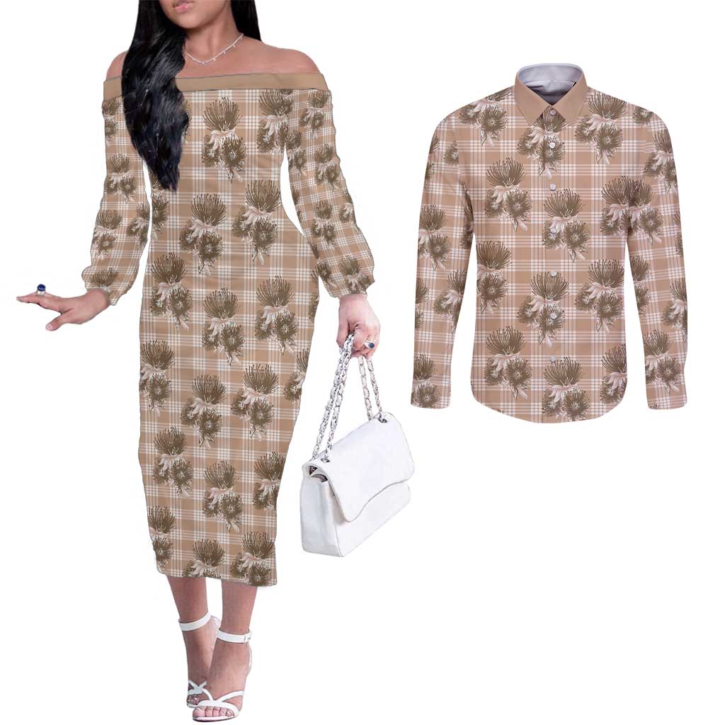 Brown Palaka Hawaii Couples Matching Off The Shoulder Long Sleeve Dress and Long Sleeve Button Shirt Hawaiian Lehua Blossoms LT05 Brown - Polynesian Pride