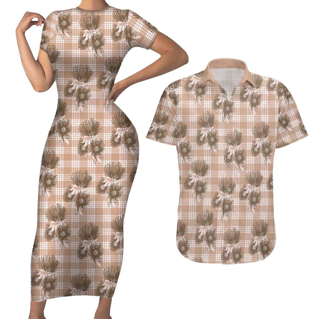Brown Palaka Hawaii Couples Matching Short Sleeve Bodycon Dress and Hawaiian Shirt Hawaiian Lehua Blossoms