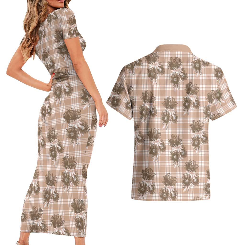 Brown Palaka Hawaii Couples Matching Short Sleeve Bodycon Dress and Hawaiian Shirt Hawaiian Lehua Blossoms