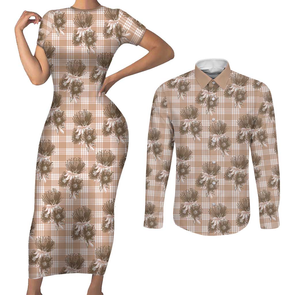 Brown Palaka Hawaii Couples Matching Short Sleeve Bodycon Dress and Long Sleeve Button Shirt Hawaiian Lehua Blossoms LT05 Brown - Polynesian Pride