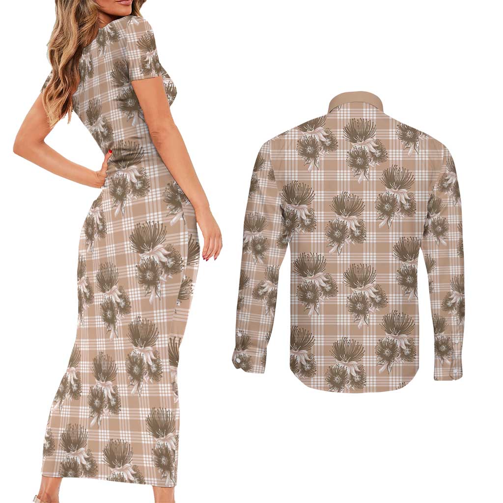 Brown Palaka Hawaii Couples Matching Short Sleeve Bodycon Dress and Long Sleeve Button Shirt Hawaiian Lehua Blossoms LT05 - Polynesian Pride