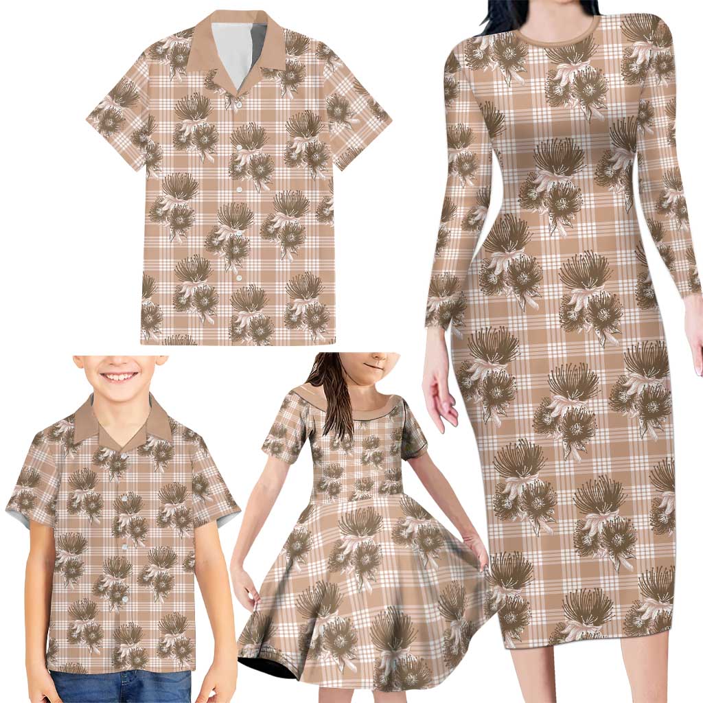 Brown Palaka Hawaii Family Matching Long Sleeve Bodycon Dress and Hawaiian Shirt Hawaiian Lehua Blossoms LT05 - Polynesian Pride