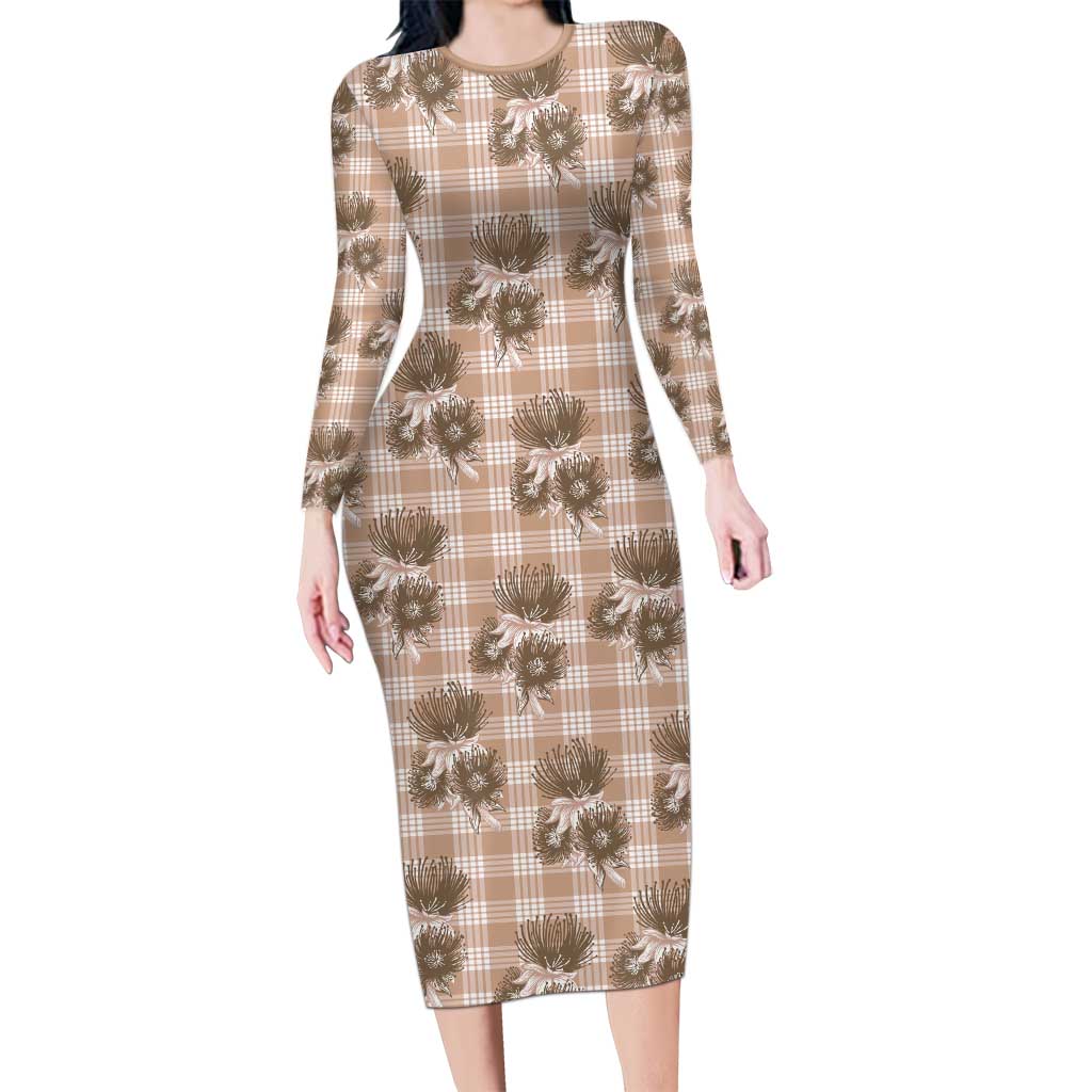Brown Palaka Hawaii Family Matching Long Sleeve Bodycon Dress and Hawaiian Shirt Hawaiian Lehua Blossoms LT05 Mom's Dress Brown - Polynesian Pride