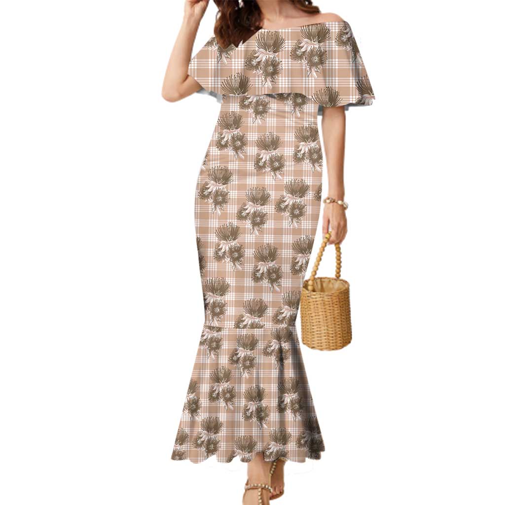 Brown Palaka Hawaii Family Matching Mermaid Dress and Hawaiian Shirt Hawaiian Lehua Blossoms LT05 Mom's Dress Brown - Polynesian Pride