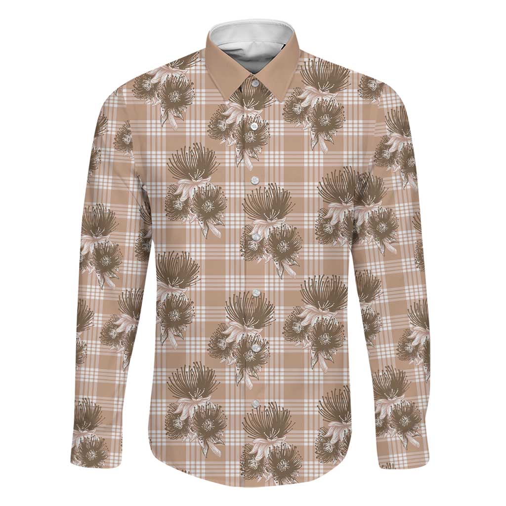 Brown Palaka Hawaii Family Matching Off The Shoulder Long Sleeve Dress and Hawaiian Shirt Hawaiian Lehua Blossoms LT05 Dad's Shirt - Long Sleeve Brown - Polynesian Pride