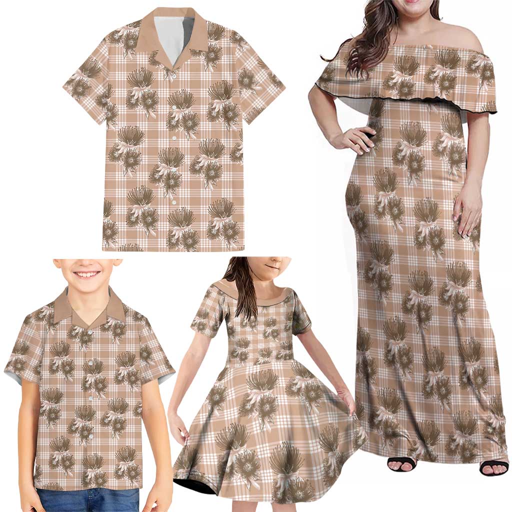 Brown Palaka Hawaii Family Matching Off Shoulder Maxi Dress and Hawaiian Shirt Hawaiian Lehua Blossoms LT05 - Polynesian Pride