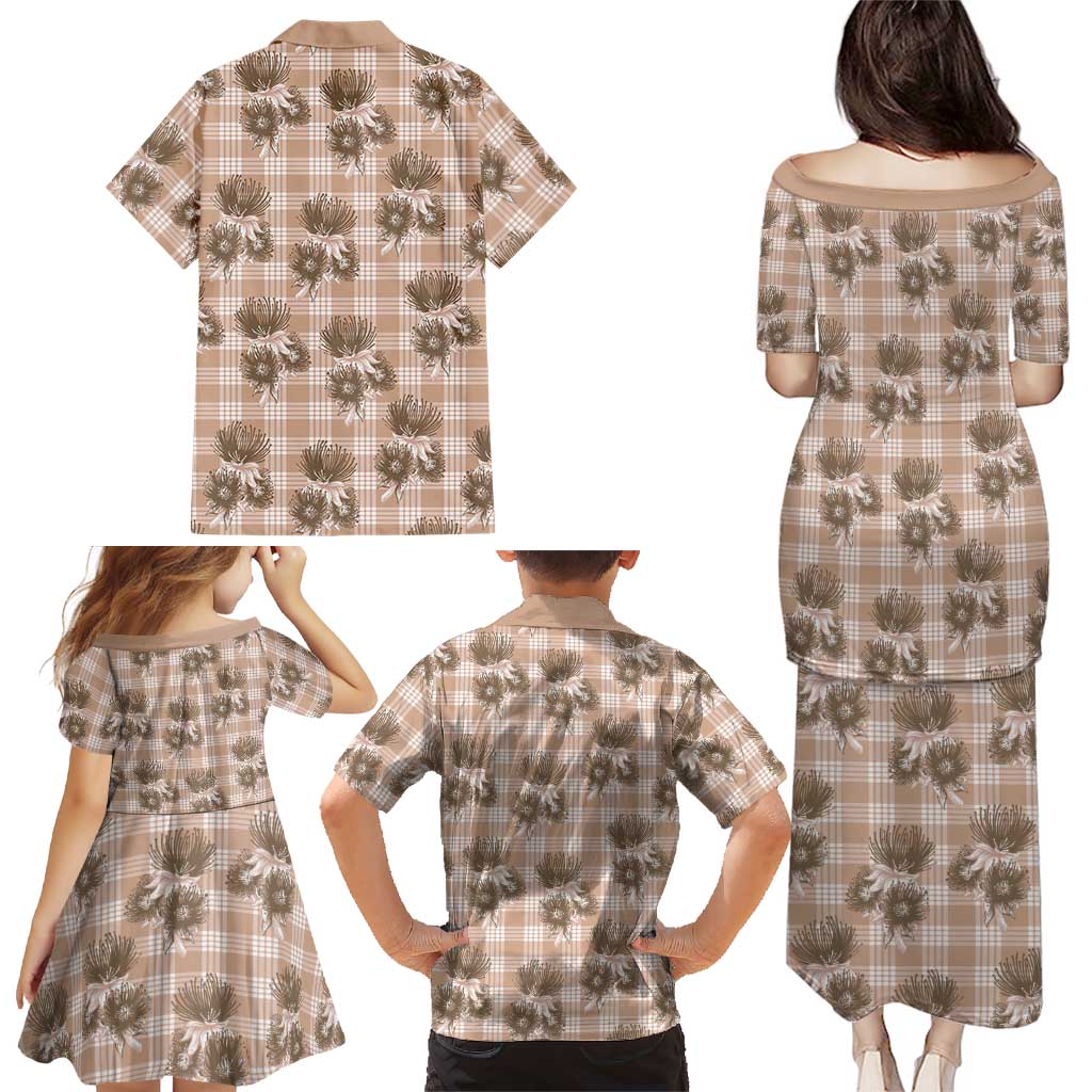 Brown Palaka Hawaii Family Matching Puletasi and Hawaiian Shirt Hawaiian Lehua Blossoms