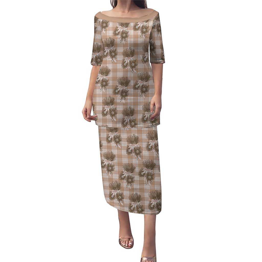 Brown Palaka Hawaii Family Matching Puletasi and Hawaiian Shirt Hawaiian Lehua Blossoms