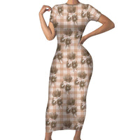 Brown Palaka Hawaii Family Matching Short Sleeve Bodycon Dress and Hawaiian Shirt Hawaiian Lehua Blossoms LT05 Mom's Dress Brown - Polynesian Pride