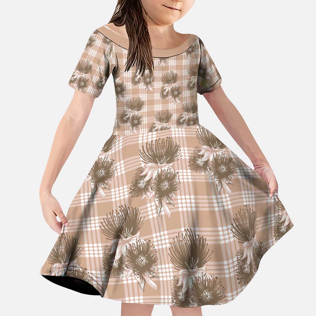 Brown Palaka Hawaii Kid Short Sleeve Dress Hawaiian Lehua Blossoms
