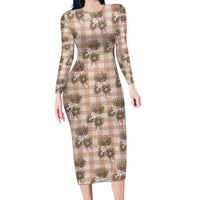 Brown Palaka Hawaii Long Sleeve Bodycon Dress Hawaiian Lehua Blossoms