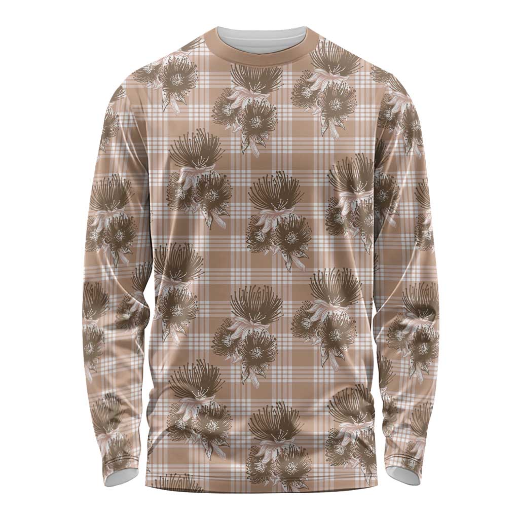 Brown Palaka Hawaii Long Sleeve Shirt Hawaiian Lehua Blossoms