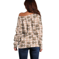 Brown Palaka Hawaii Off Shoulder Sweater Hawaiian Lehua Blossoms LT05 - Polynesian Pride