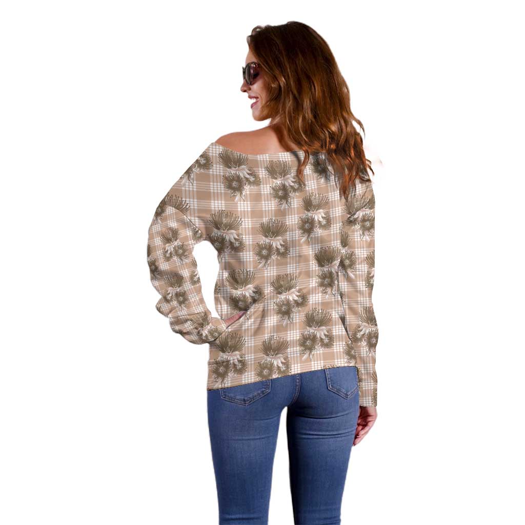 Brown Palaka Hawaii Off Shoulder Sweater Hawaiian Lehua Blossoms LT05 - Polynesian Pride