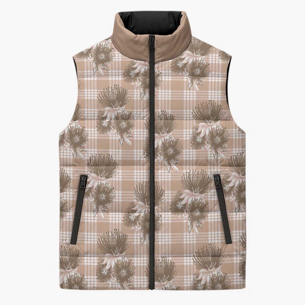 Brown Palaka Hawaii Sleeveless Puffer Jacket Hawaiian Lehua Blossoms LT05 Unisex Brown - Polynesian Pride