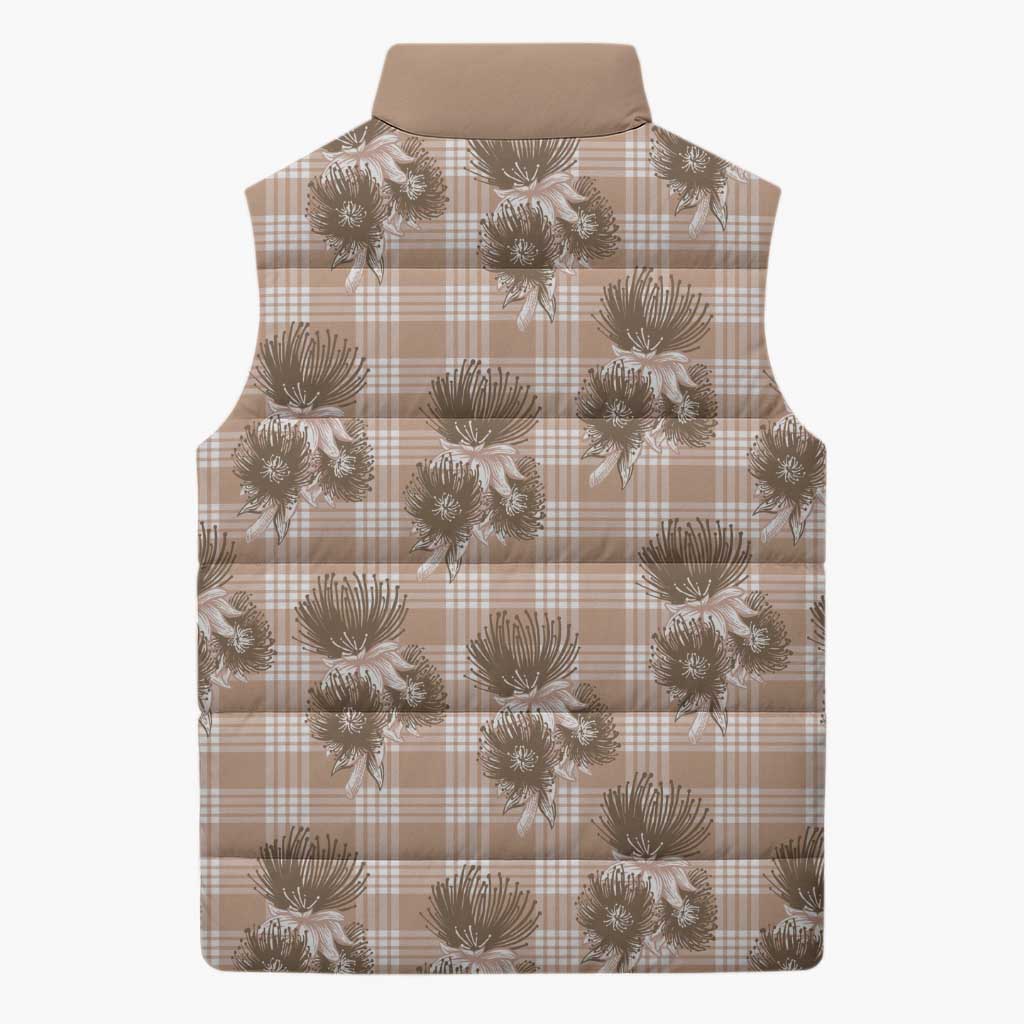 Brown Palaka Hawaii Sleeveless Puffer Jacket Hawaiian Lehua Blossoms
