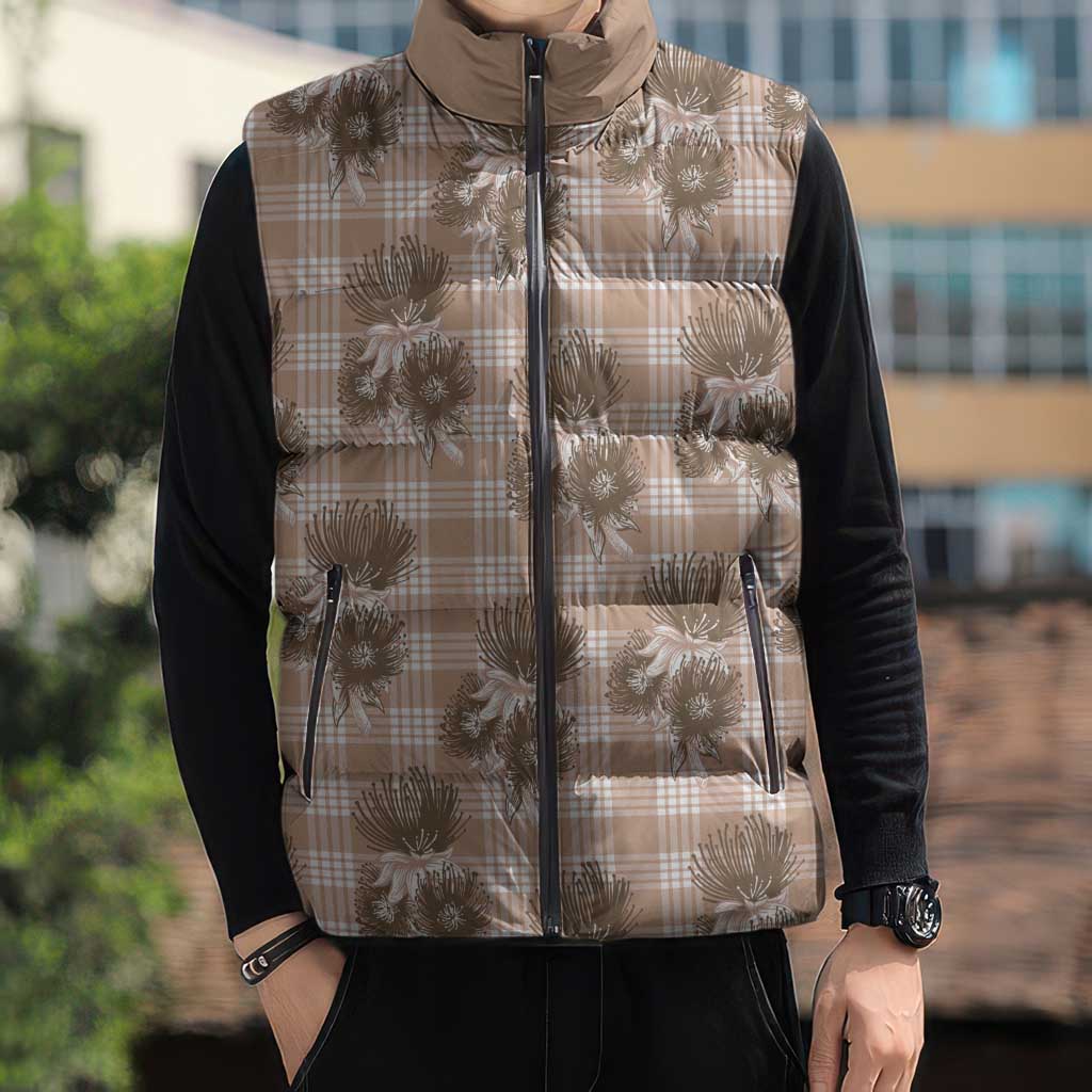 Brown Palaka Hawaii Sleeveless Puffer Jacket Hawaiian Lehua Blossoms