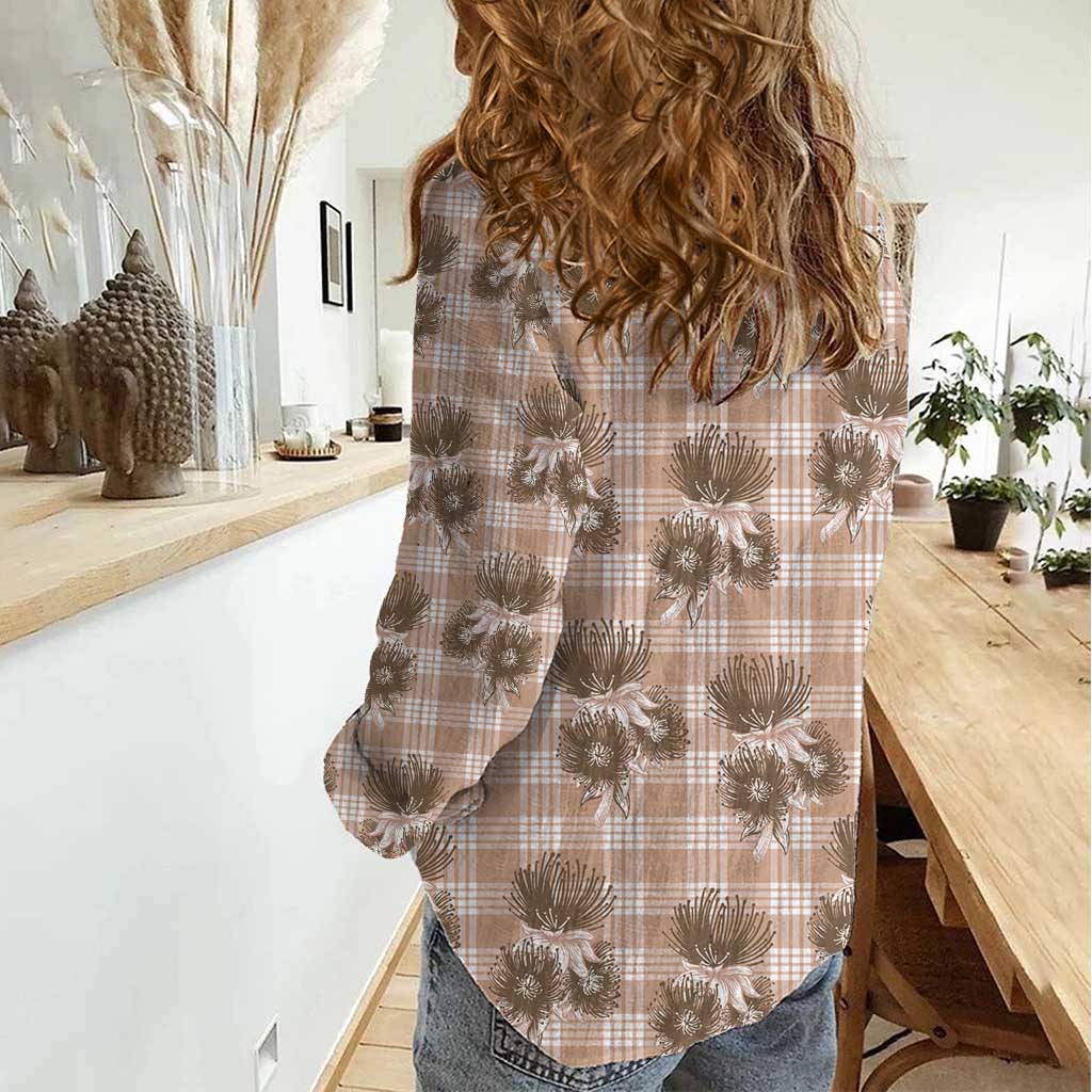 Brown Palaka Hawaii Women Casual Shirt Hawaiian Lehua Blossoms LT05 - Polynesian Pride