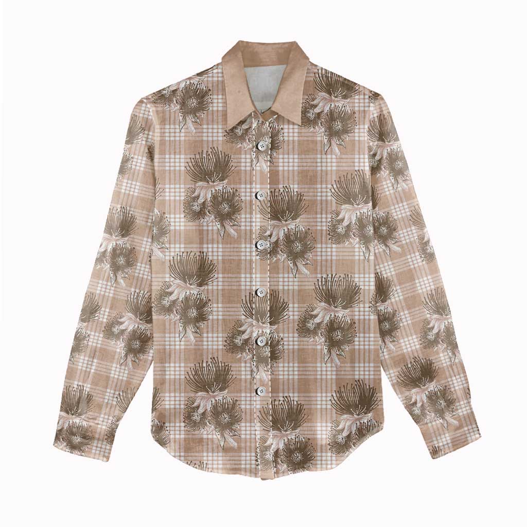 Brown Palaka Hawaii Women Casual Shirt Hawaiian Lehua Blossoms LT05 - Polynesian Pride