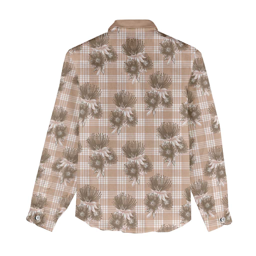Brown Palaka Hawaii Women Casual Shirt Hawaiian Lehua Blossoms LT05 - Polynesian Pride