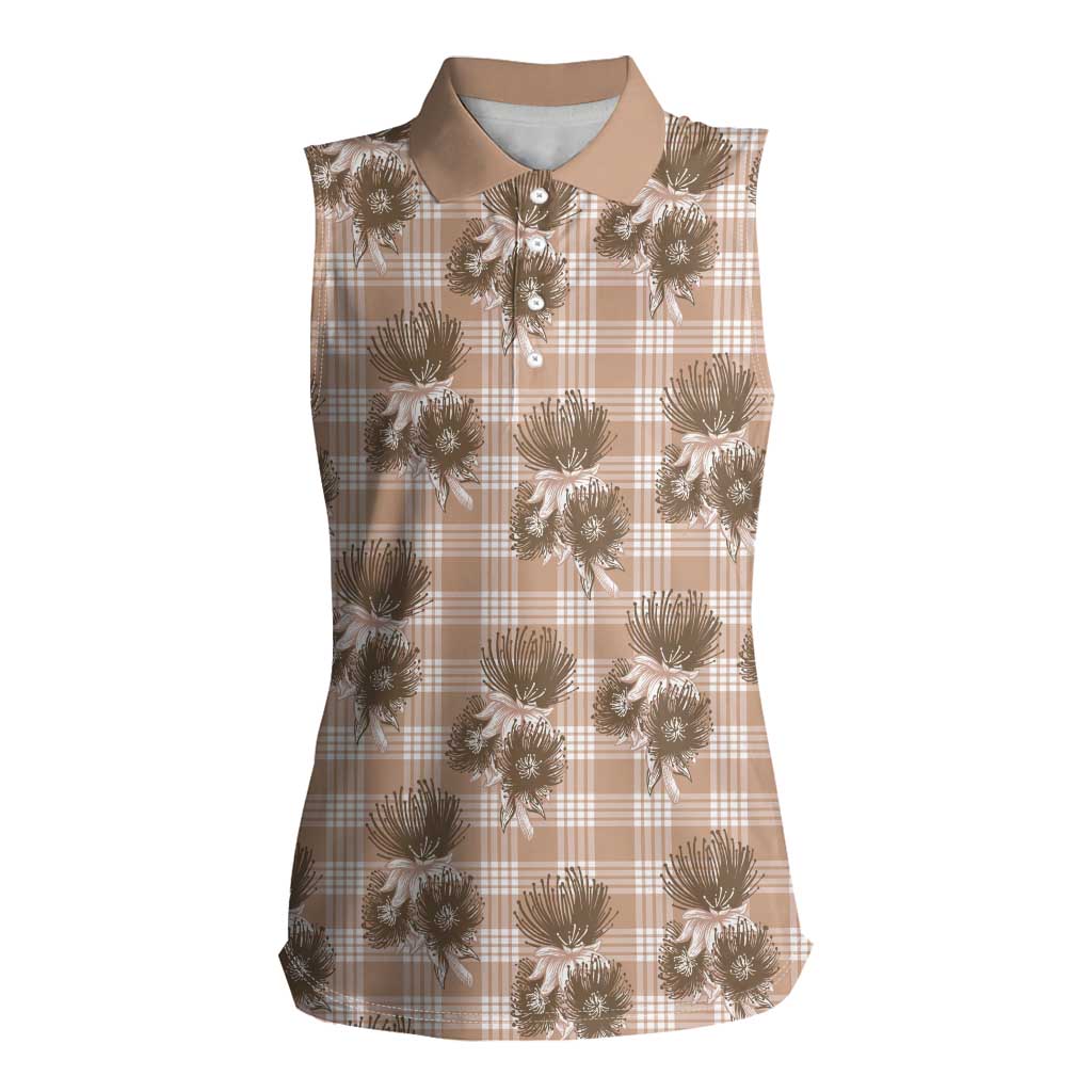 Brown Palaka Hawaii Women Sleeveless Polo Shirt Hawaiian Lehua Blossoms LT05 Female Brown - Polynesian Pride