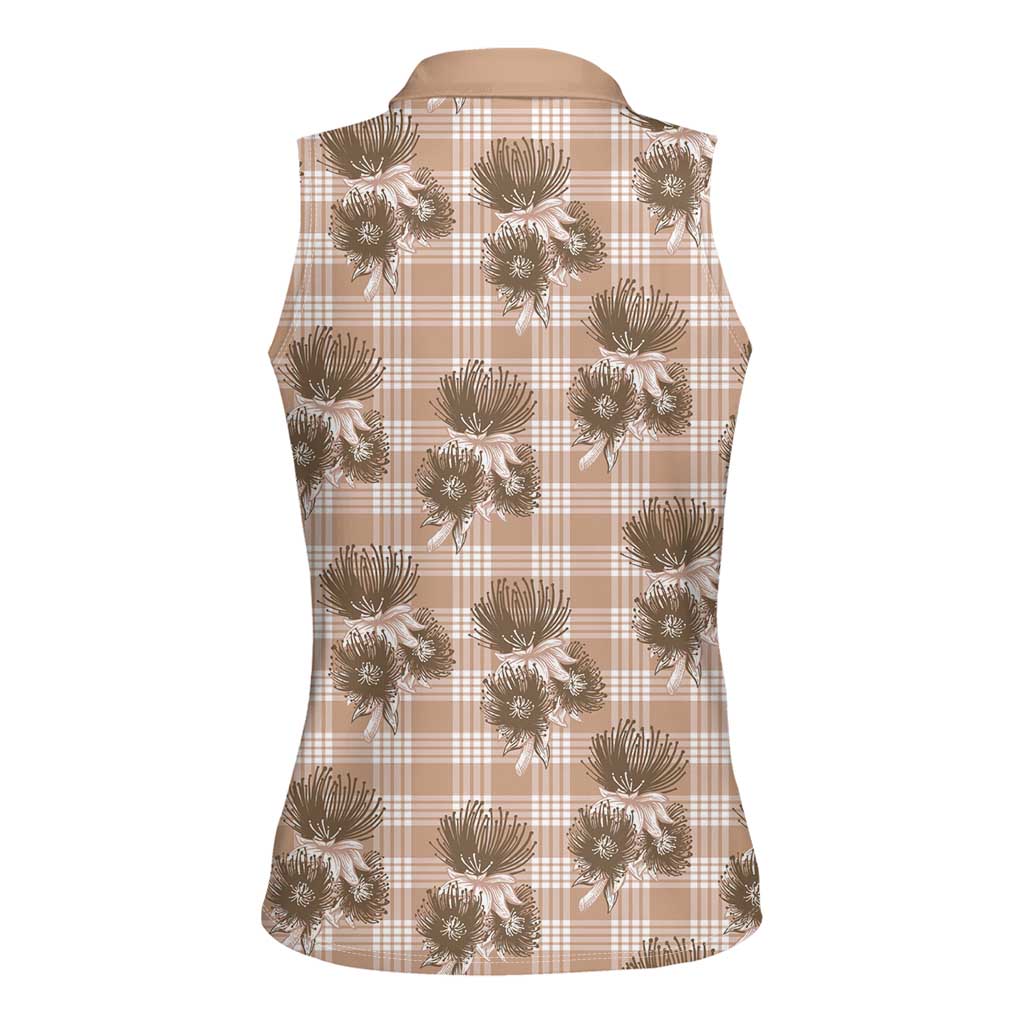Brown Palaka Hawaii Women Sleeveless Polo Shirt Hawaiian Lehua Blossoms LT05 - Polynesian Pride