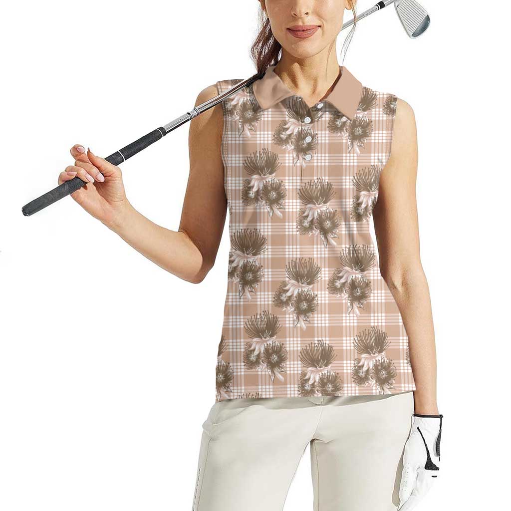 Brown Palaka Hawaii Women Sleeveless Polo Shirt Hawaiian Lehua Blossoms LT05 - Polynesian Pride