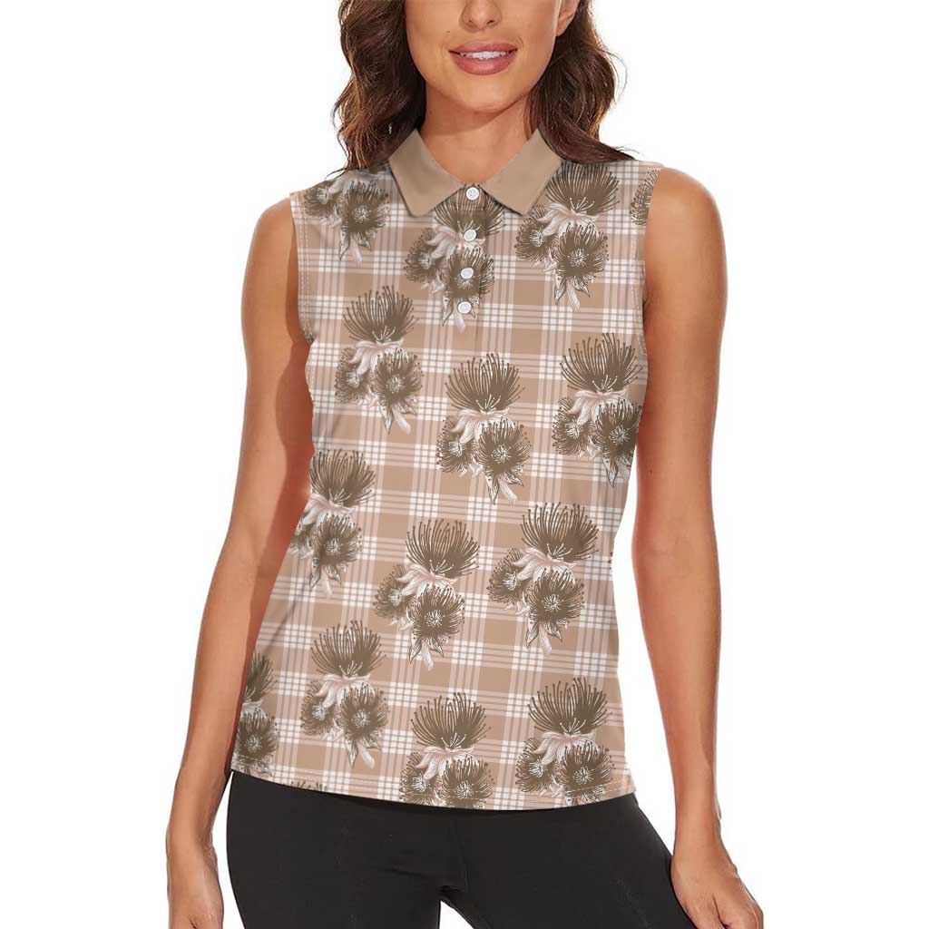 Brown Palaka Hawaii Women Sleeveless Polo Shirt Hawaiian Lehua Blossoms LT05 - Polynesian Pride