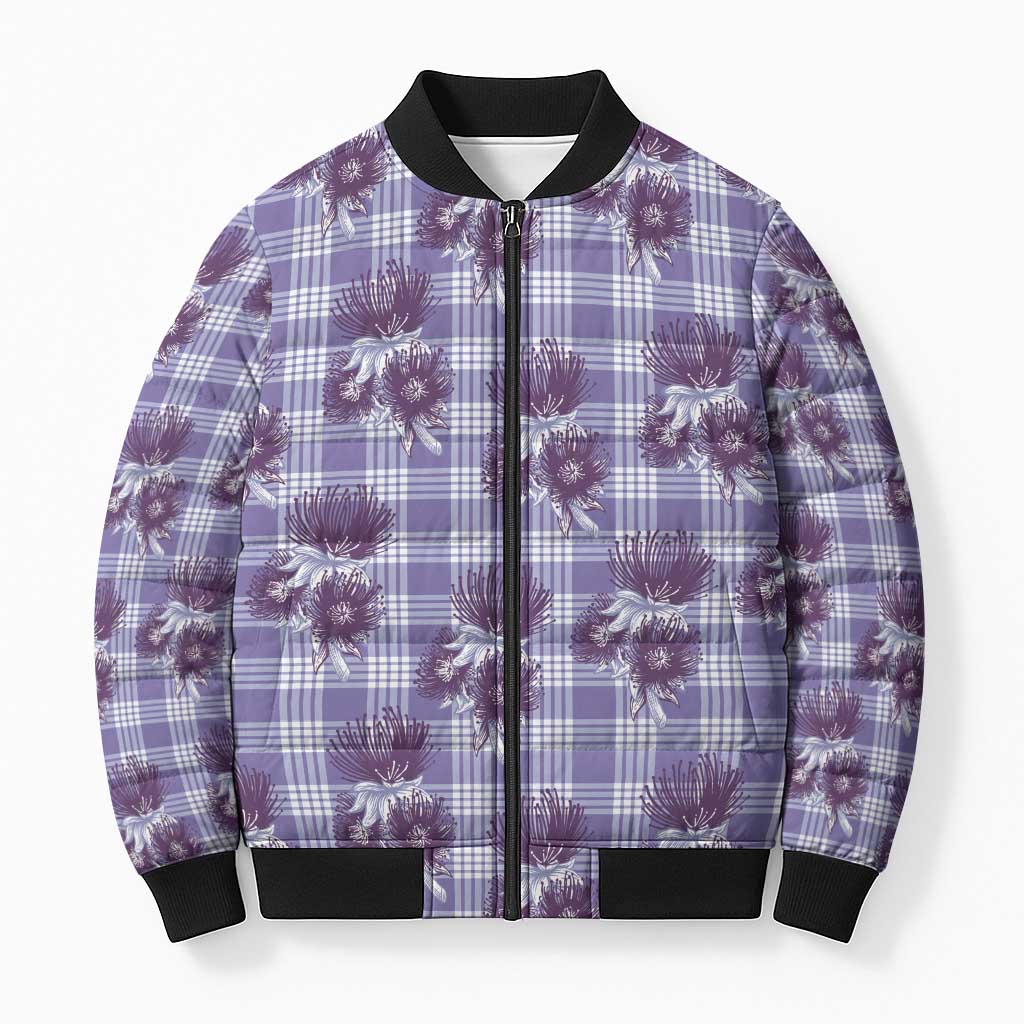 Purple Palaka Hawaii Bomber Puffer Jacket Hawaiian Lehua Blossoms LT05 Unisex Purple - Polynesian Pride