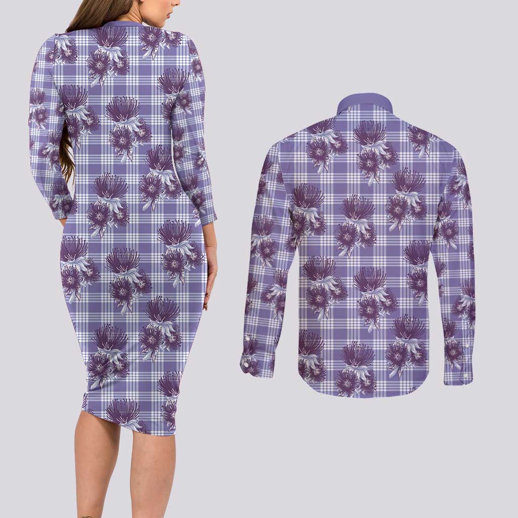 Purple Palaka Hawaii Couples Matching Long Sleeve Bodycon Dress and Long Sleeve Button Shirt Hawaiian Lehua Blossoms LT05 - Polynesian Pride