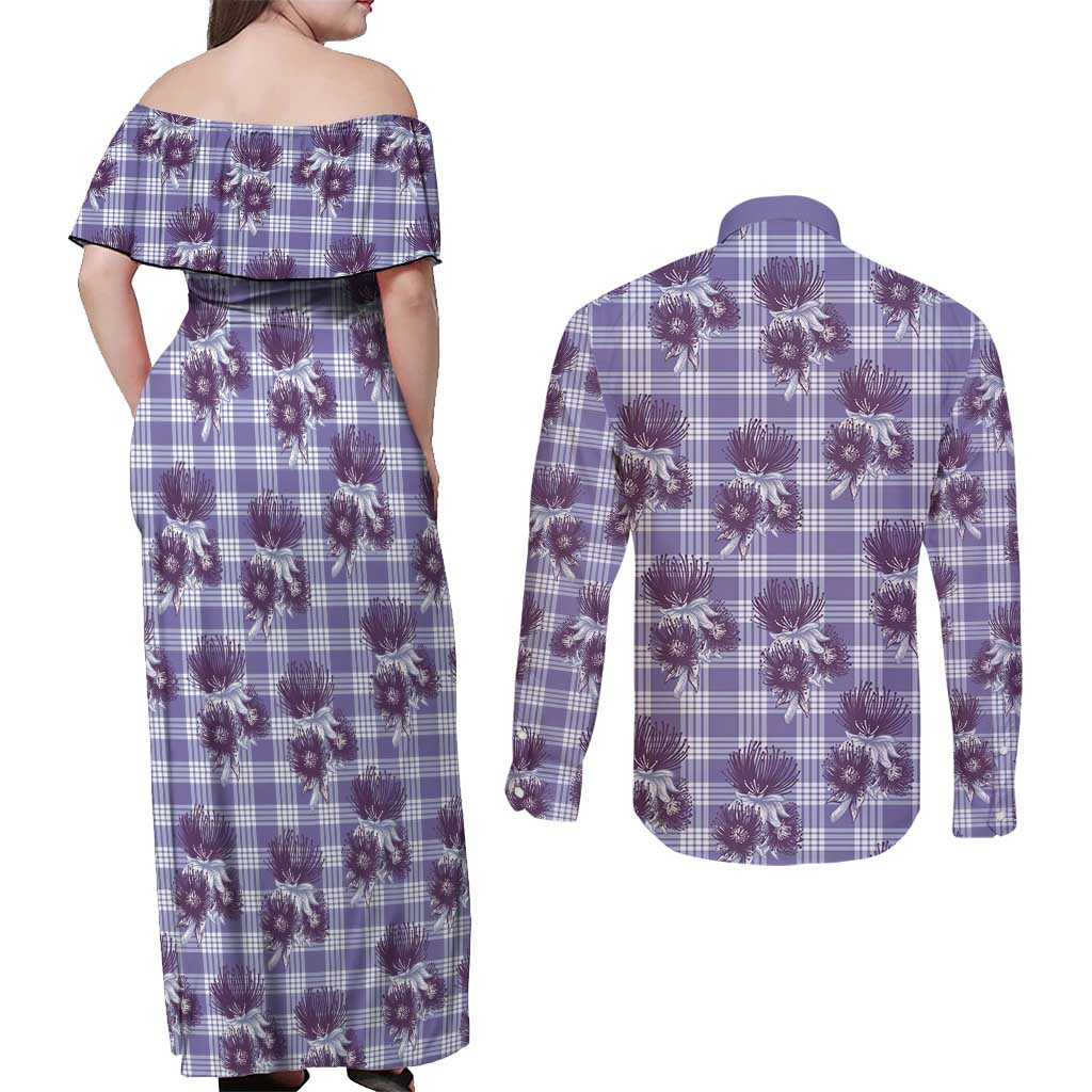 Purple Palaka Hawaii Couples Matching Off Shoulder Maxi Dress and Long Sleeve Button Shirt Hawaiian Lehua Blossoms LT05 - Polynesian Pride