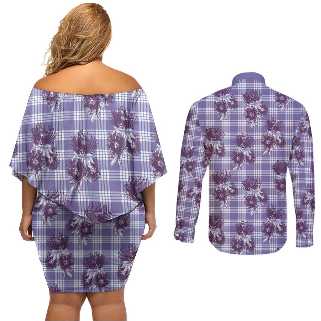 Purple Palaka Hawaii Couples Matching Off Shoulder Short Dress and Long Sleeve Button Shirt Hawaiian Lehua Blossoms LT05 - Polynesian Pride