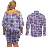 Purple Palaka Hawaii Couples Matching Off Shoulder Short Dress and Long Sleeve Button Shirt Hawaiian Lehua Blossoms LT05 - Polynesian Pride