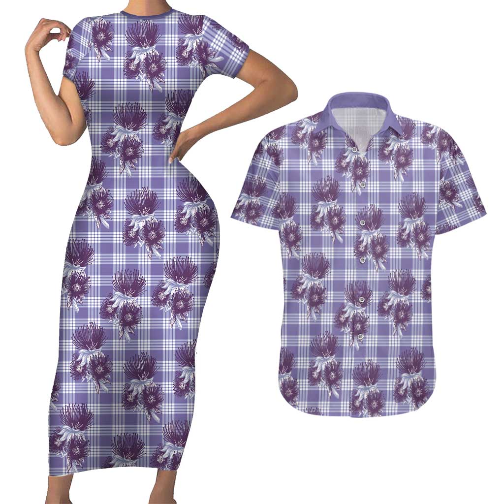 Purple Palaka Hawaii Couples Matching Short Sleeve Bodycon Dress and Hawaiian Shirt Hawaiian Lehua Blossoms
