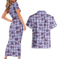Purple Palaka Hawaii Couples Matching Short Sleeve Bodycon Dress and Hawaiian Shirt Hawaiian Lehua Blossoms