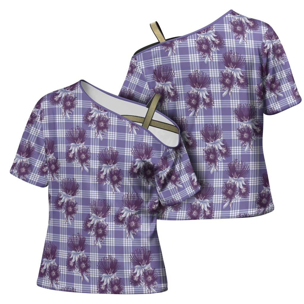 Purple Palaka Hawaii Cross Shoulder Shirt Hawaiian Lehua Blossoms