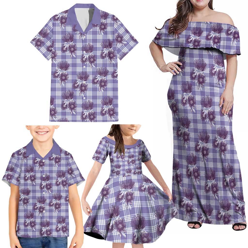 Purple Palaka Hawaii Family Matching Off Shoulder Maxi Dress and Hawaiian Shirt Hawaiian Lehua Blossoms