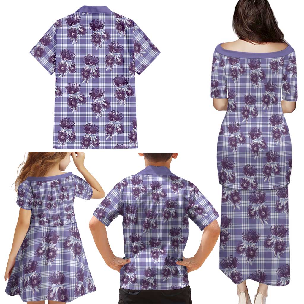 Purple Palaka Hawaii Family Matching Puletasi and Hawaiian Shirt Hawaiian Lehua Blossoms