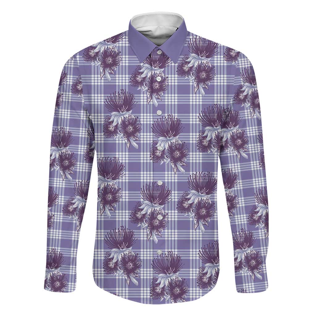 Purple Palaka Hawaii Family Matching Short Sleeve Bodycon Dress and Hawaiian Shirt Hawaiian Lehua Blossoms LT05 Dad's Shirt - Long Sleeve Purple - Polynesian Pride