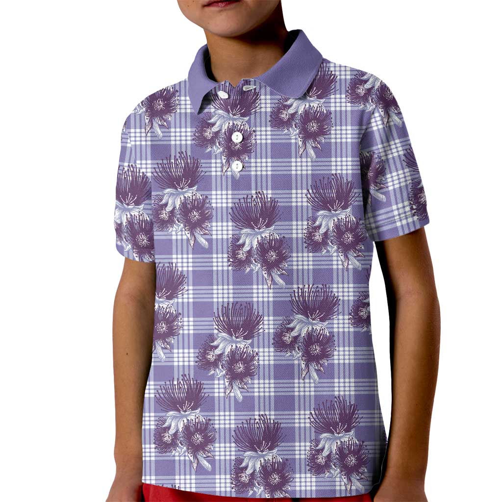 Purple Palaka Hawaii Kid Polo Shirt Hawaiian Lehua Blossoms