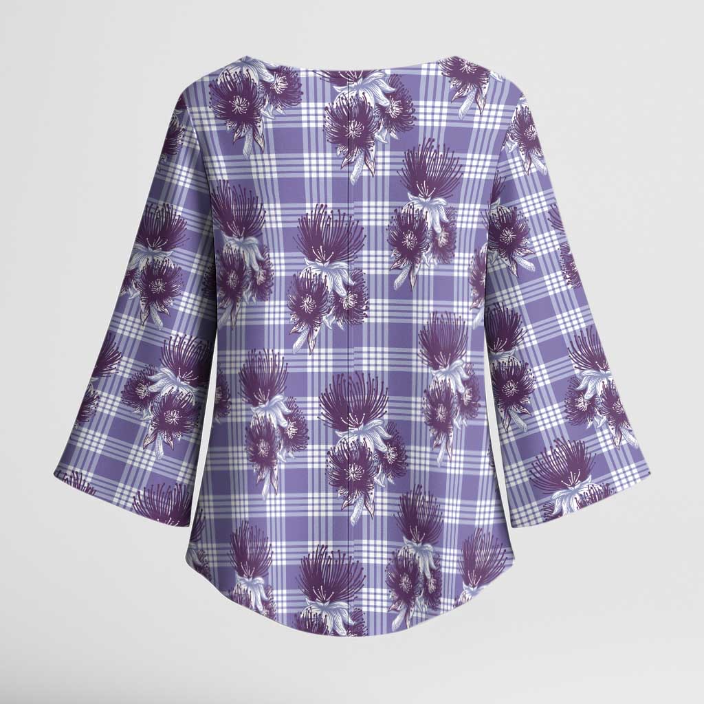 Purple Palaka Hawaii Kimono Sleeve Blouse Hawaiian Lehua Blossoms