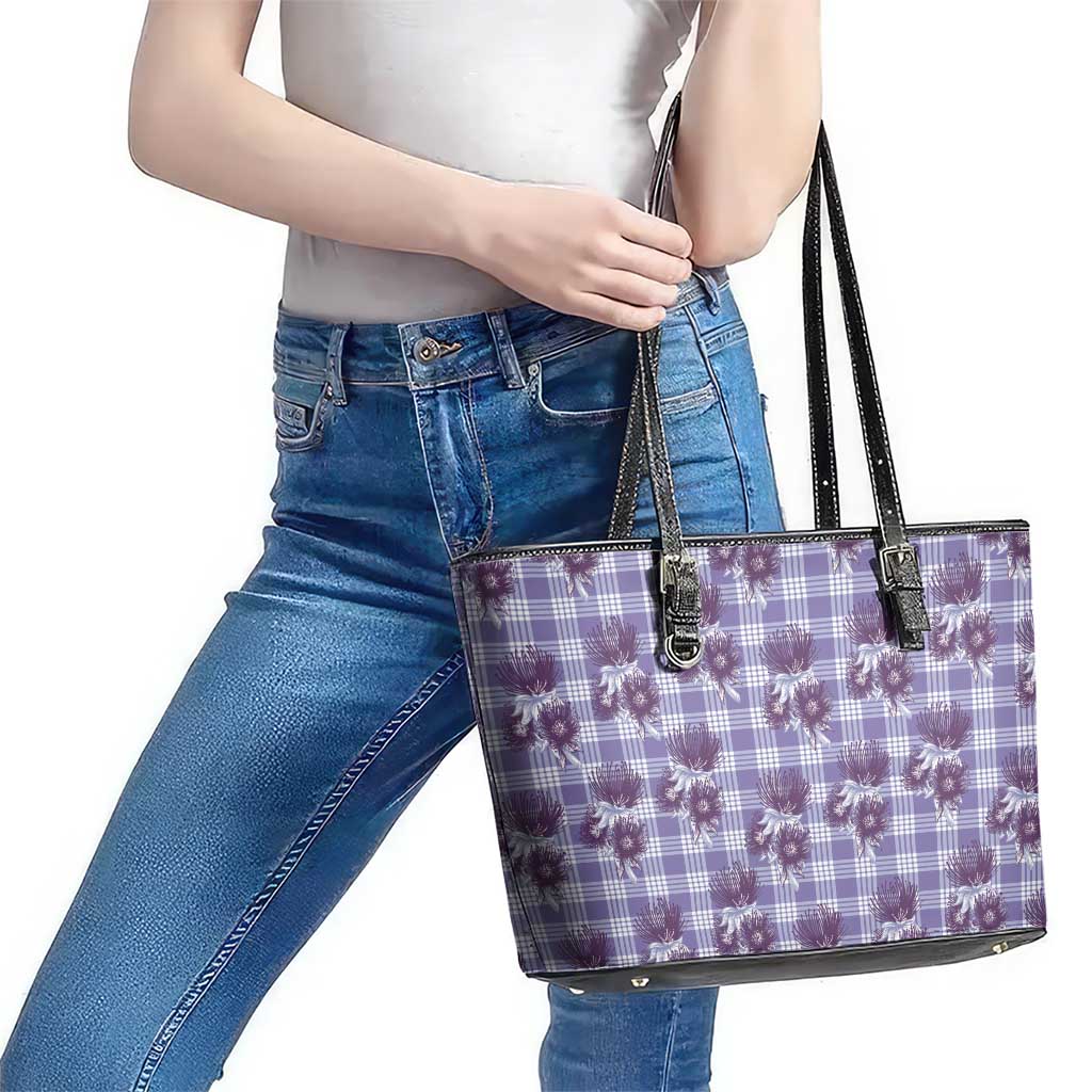 Purple Palaka Hawaii Leather Tote Bag Hawaiian Lehua Blossoms
