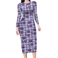 Purple Palaka Hawaii Long Sleeve Bodycon Dress Hawaiian Lehua Blossoms LT05 Long Dress Purple - Polynesian Pride