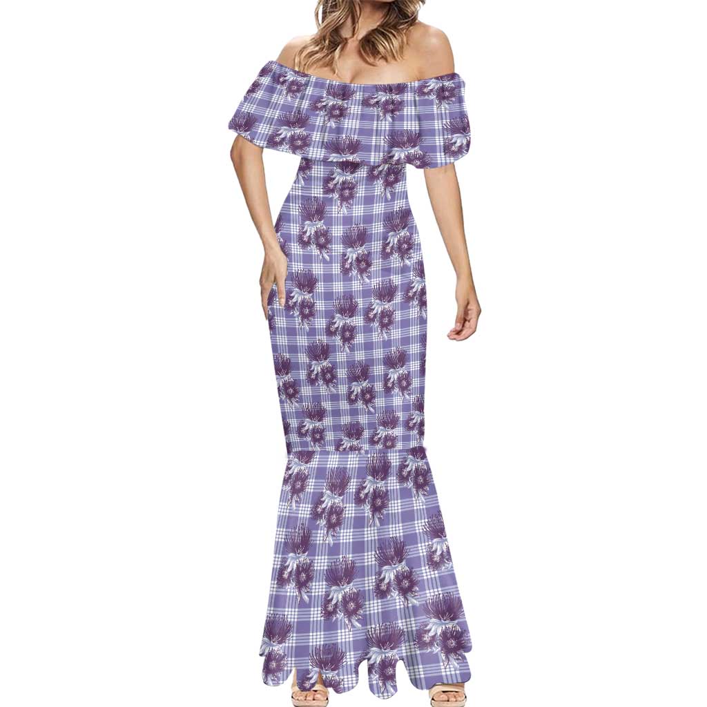 Purple Palaka Hawaii Mermaid Dress Hawaiian Lehua Blossoms