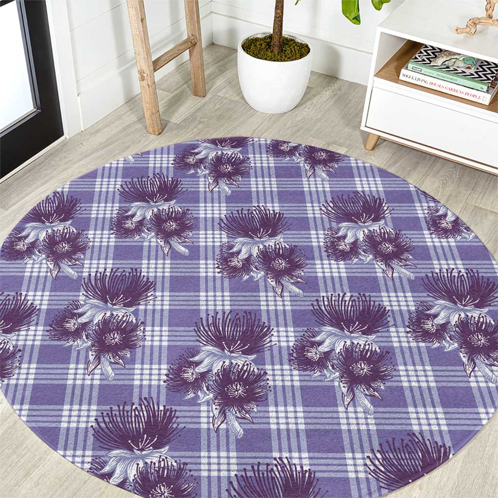 Purple Palaka Hawaii Round Carpet Hawaiian Lehua Blossoms