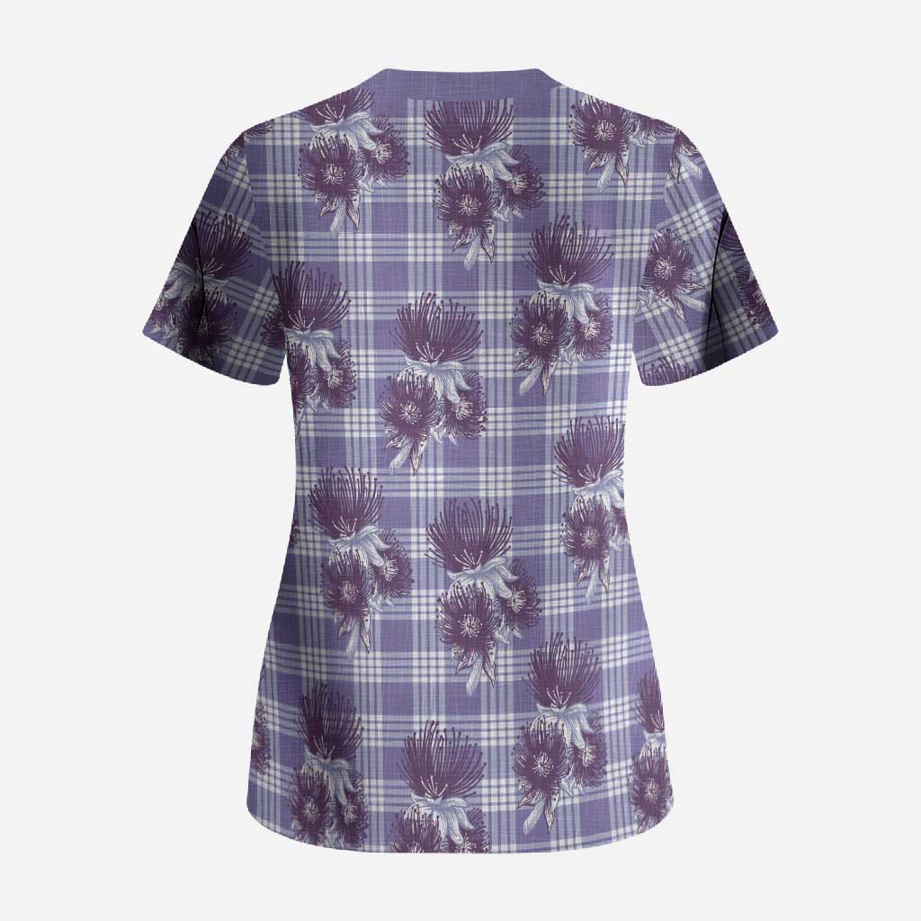 Purple Palaka Hawaii Scrub Top Hawaiian Lehua Blossoms
