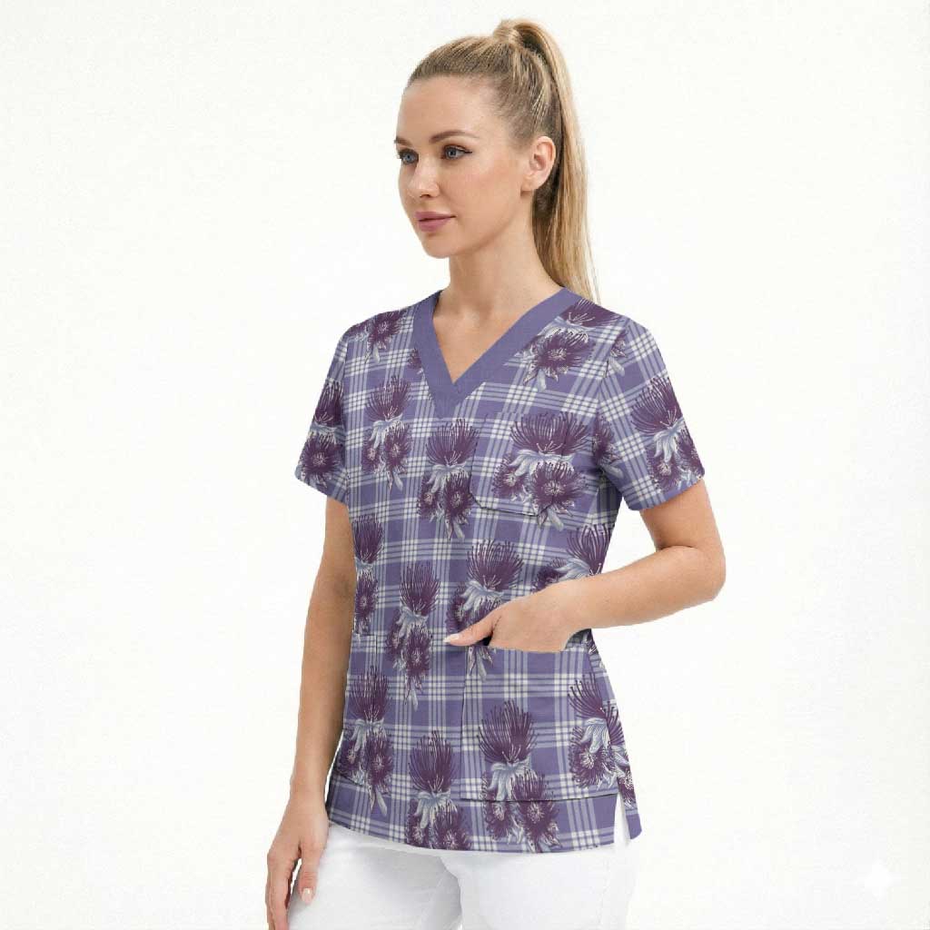 Purple Palaka Hawaii Scrub Top Hawaiian Lehua Blossoms
